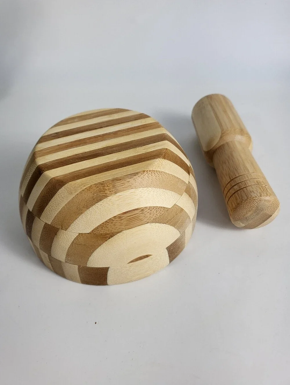 Natural Bamboo Mortar and Pestle - Two-Tone Wood Modern Organic Primitive Art